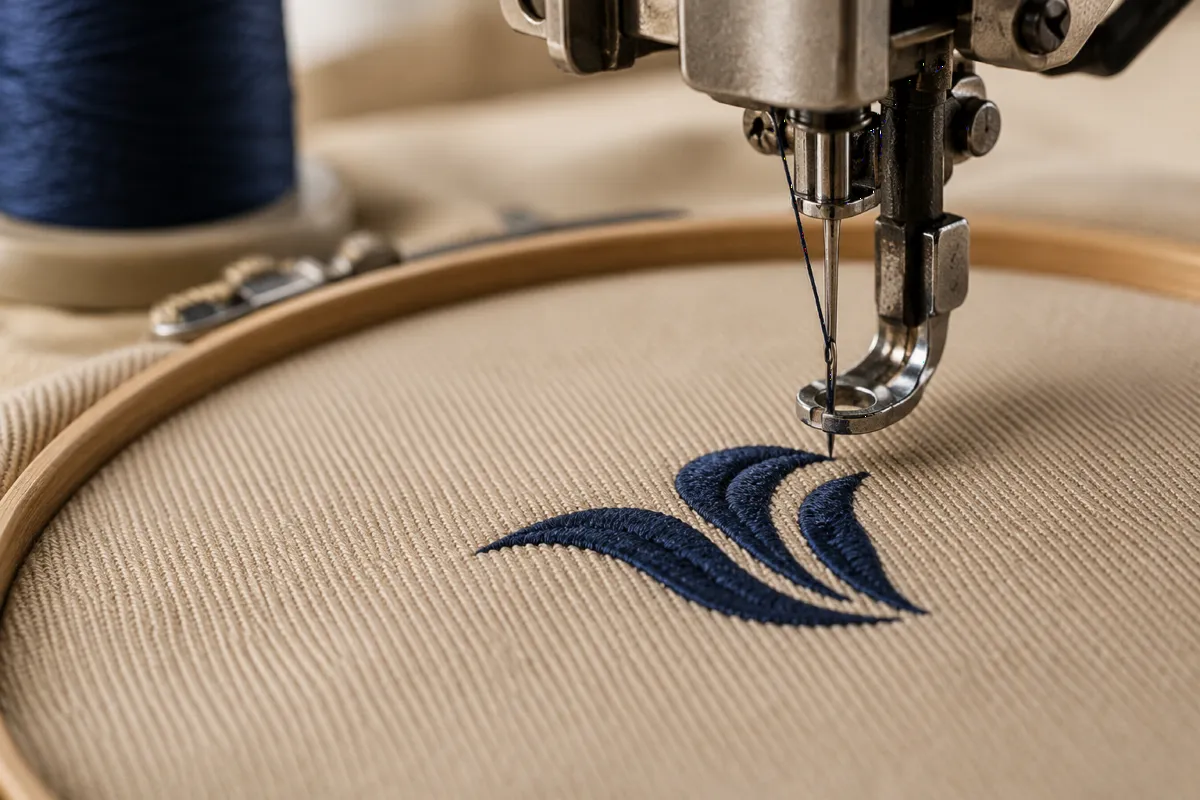 Détail illustratif de broderie sur un tissu beige.