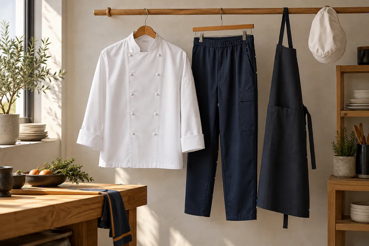 Exemple de veste de cuisine, pantalon et tablier.