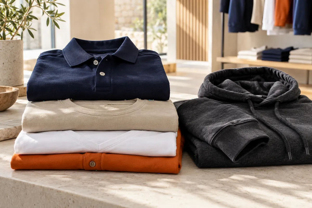 Exemples de polo, T-shirts et hoodie pliés.