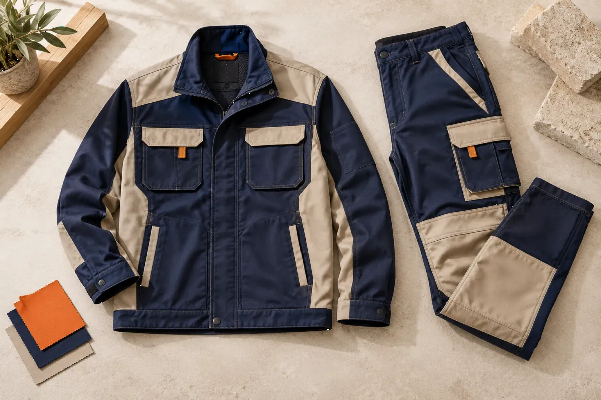 Exemple de veste et pantalon de travail bleu et beige.