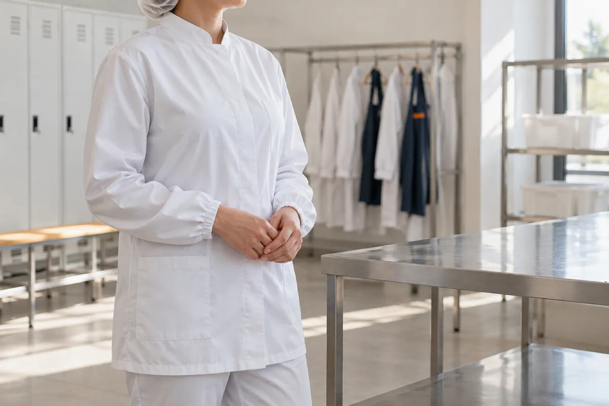 Illustration d’une tenue blanche dans un espace de préparation.