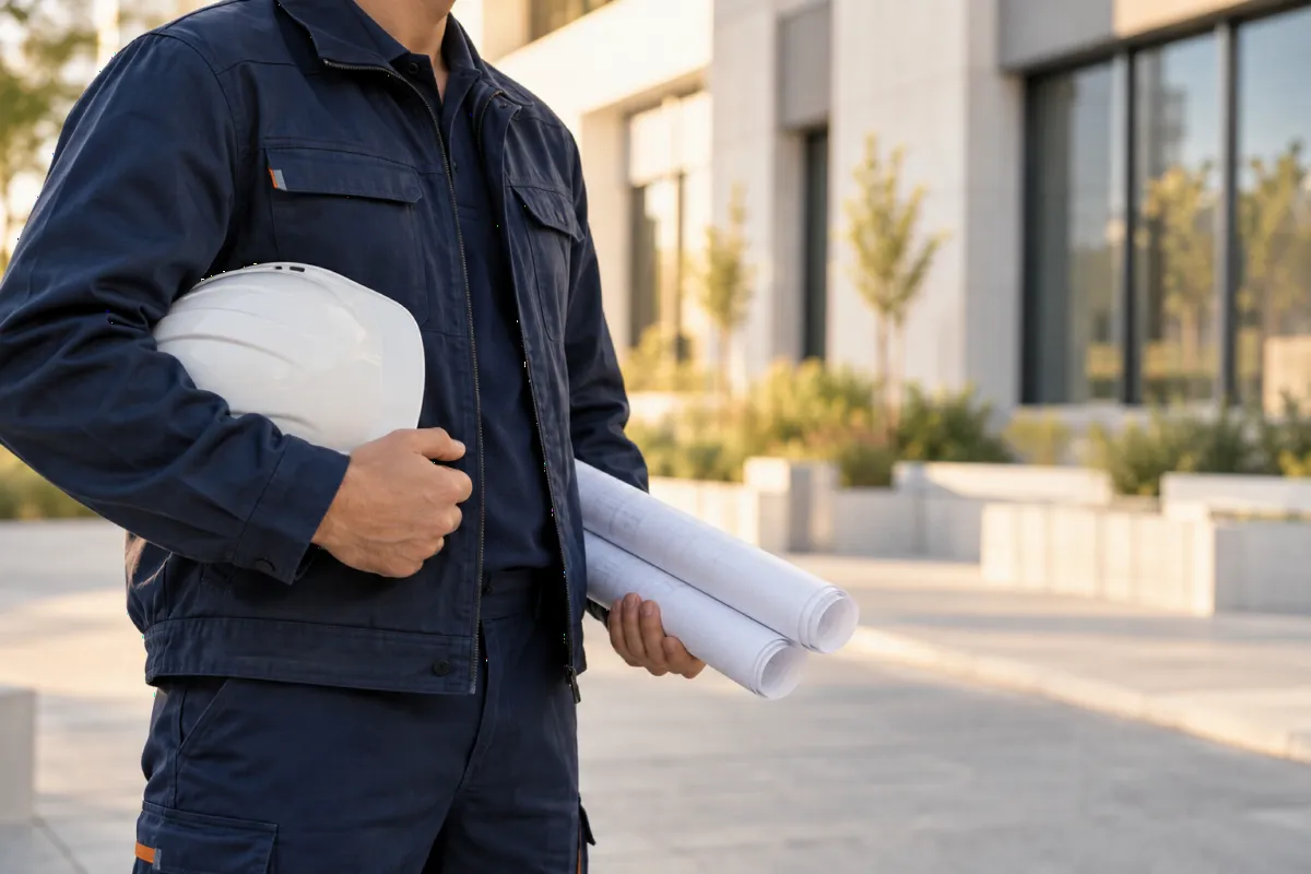 Illustration d’une tenue professionnelle avec plans de bâtiment.